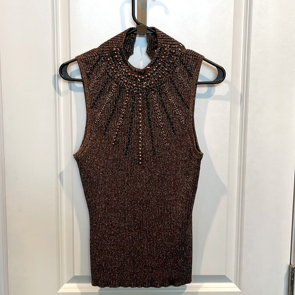 Woman’s Beaded bronze/gold & black beaded top.